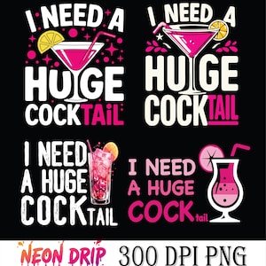 以下が含まれることがあります： 黒い背景に、「I NEED A HUGE COCKTAIL」というフレーズが白とピンクで書かれた4つのデザイン。 各デザインは、マティーニやハイボールグラスなど、柑橘類で飾られたカクテルのイラストを特徴としています。