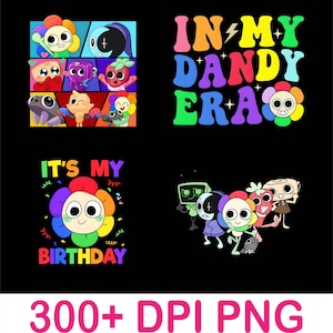 Puede incluir: Un conjunto gráfico digital con personajes de dibujos animados coloridos y flores. Una sección muestra una cuadrícula de personajes, otra dice IN MY DANDY ERA, una tercera IT'S MY BIRTHDAY con una flor arcoíris y la última un grupo.