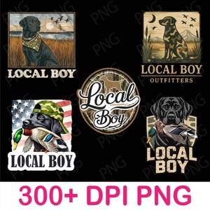 May include: A collection of five graphic designs featuring black Labrador retrievers, camouflage patterns, and mallard ducks. Each design includes the text Local Boy or Local Boy Outfitters, with some incorporating American flag motifs and outdoor scenery.
