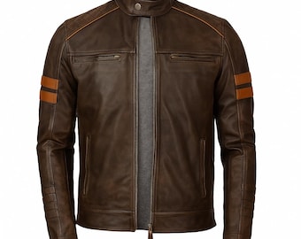 May include: A brown leather jacket with a stand-up collar and a zip-up front. The jacket features two chest pockets, two side pockets, and brown stripes on the upper arm. The shoulders have quilted detailing.
