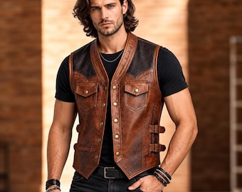 Men's Brown Leather Western Vest, Vintage Cowboy Waistcoat, Biker Motorcycle Vest, Rustic Handmade Leather Vest