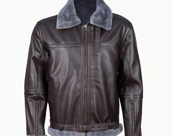 Men's Shearling Aviator jacket brown genuine leather bomber coat with grey Fur collar.