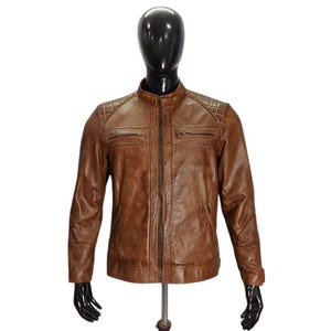 Men&#39;s Brown Leather Jacket Skin Fit Biker Style