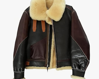 Men's Shearling Aviator Jacket: Brown & Black Leather Bomber, Sheepskin Collar