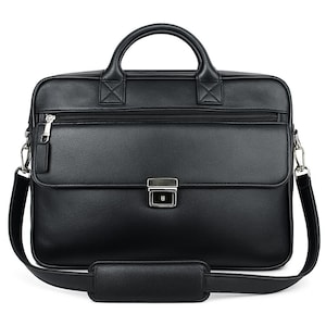 Handmade Black Genuine Leather Laptop Bag | Men’s  Women’s Office Briefcase with Shoulder Strap | Work and Travel Bag.