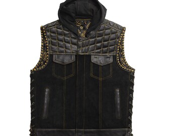 Black Hooded leather Biker vest with Handmade Cowhide.
