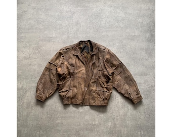 Y2K Real Leather Full Zip Bomber Jacket Size 54 Dark Brown