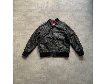 Y2K Real Leather Full Zip Bomber Jacket Size 54 Dark Brown