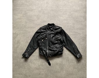 Y2k Real Leather Motorcycle Moto Biker Jacket Mens Size 54 Black