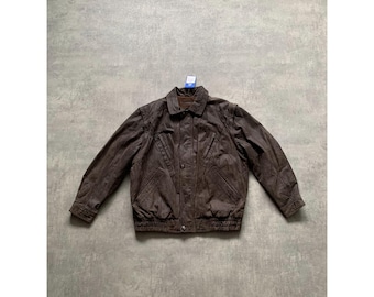 Y2K Real Leather Full Zip Bomber Jacket Size 54 Dark Brown