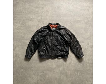 Y2K Real Leather Full Zip Bomber Jacket Size 54 Dark Brown