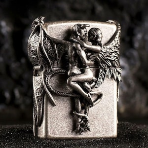 Hand-Engraved Angel & Demon Zippo Lighter – Antique Metal Finish, 3D Mythical Art, Windproof Collectible, Made in USA