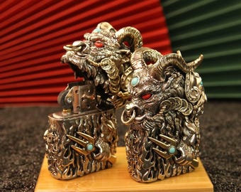 3D Demon Ram Zippo Lighter – Hand-Carved Metal Cover, Gothic Mythical Beast Design, Collector’s Edition, Heavy Artisan Zippo Case