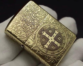 Engraved Constantine Zippo Lighter: Saint Benedict Cross, Gold Finish