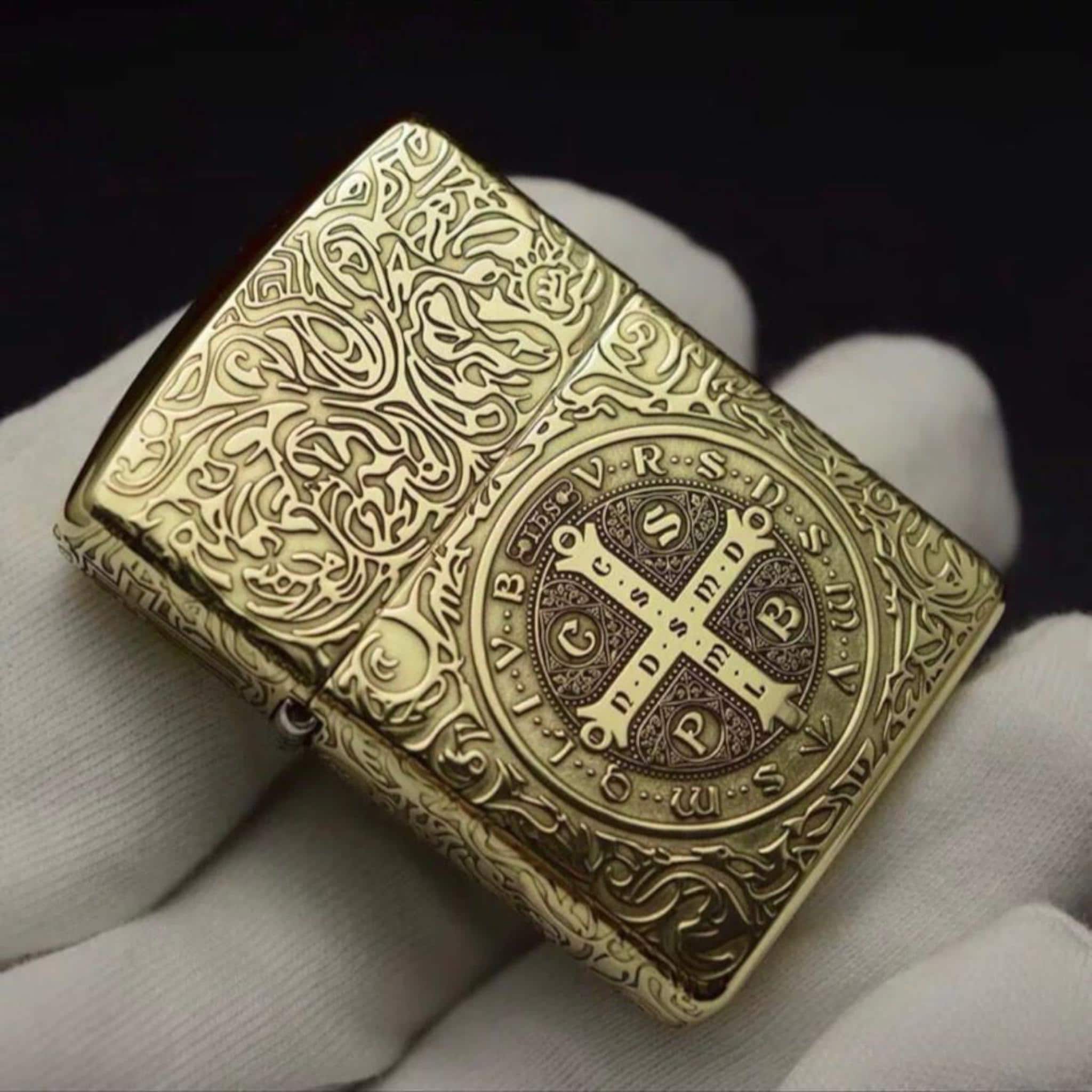Engraved Constantine Zippo Lighter: Saint Benedict Cross, Gold