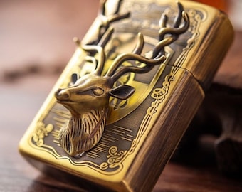 Isqueiro vintage em bronze com cabeça de veado: estilo Zippo 3D, recarregável.