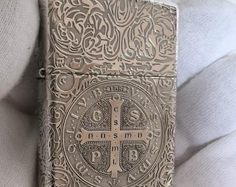 Engraved Constantine Style Zippo Lighter, Saint Benedict Cross Design, Silver Metal Finish