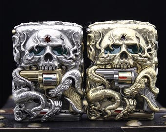 Skull Octopus Zippo Lighter: 3D Carved Metal Cover with Glow-in-the-Dark Eyes