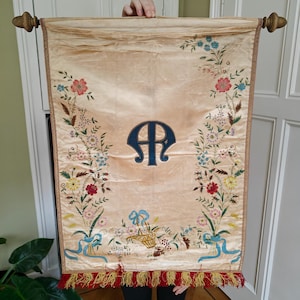 Antique Silk Religious Banner – Hand-Embroidered Processional Marian Monogram | Church Textile Art | Catholic Brocante ca. 1900
