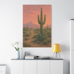 Desert Cactus Sunset Oil Painting Style Canvas Print - Southwest Saguaro Wall Art, Boho Western Decor, Canvas-Wrapped