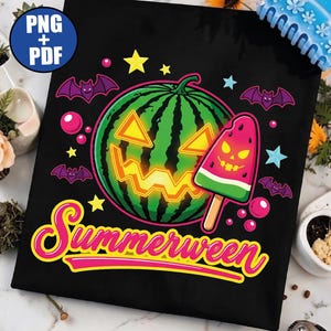 May include: A black graphic print featuring a green watermelon carved like a jack-o'-lantern, a watermelon popsicle with a glowing face, purple bats, colorful stars, and pink bubbles, with the text Summerween in a stylized yellow and pink font.