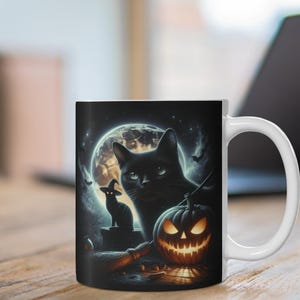 Spooky Witchy Cat Mug: Halloween Coffee Cup, Black Cat Decor