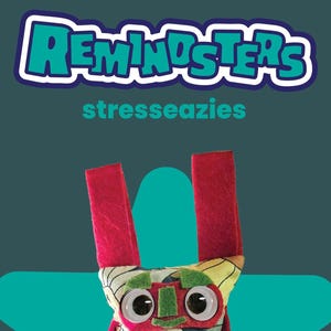 May include: A colorful stuffed toy with large googly eyes and red felt ears and legs. The body is patterned with sunflowers and other floral designs. The text "Remindsters" and "stresseezies" are at the top.