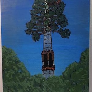 May include: An acrylic painting of a command tower. The tower is a combination of a tree and a structure with a dark brown pipe extending from the top. The background is a blue sky with green trees on the sides. The text "Command Tower" is at the top.