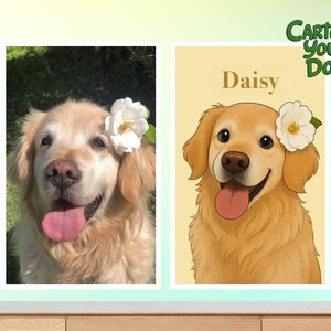 May include: Two framed images of a Golden Retriever dog. One is a photograph, the other a cartoon illustration. Both show the dog with a white flower in its hair. The cartoon image has the name "Daisy" above the dog.