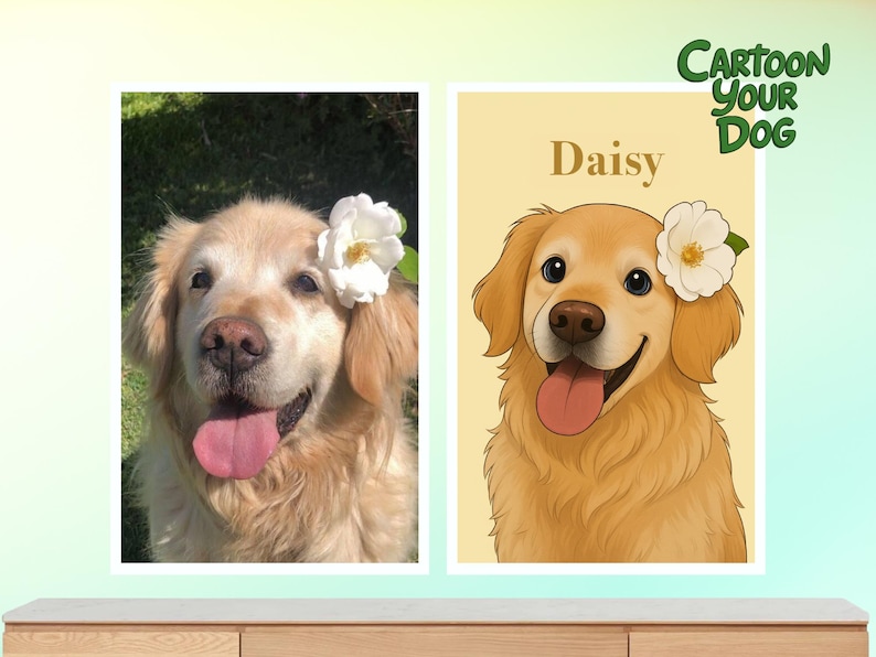 May include: Two framed images of a Golden Retriever dog. One is a photograph, the other a cartoon illustration. Both show the dog with a white flower in its hair. The cartoon image has the name "Daisy" above the dog.