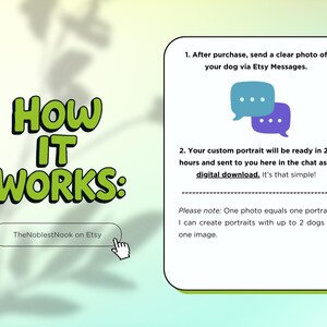 May include: An image with the text "How It Works" in green, outlining the process for ordering a custom dog portrait. Instructions include sending a photo via Etsy Messages and receiving a digital download within 24 hours. TheNoblestNook on Etsy.
