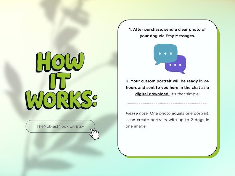 May include: An image with the text "How It Works" in green, outlining the process for ordering a custom dog portrait. Instructions include sending a photo via Etsy Messages and receiving a digital download within 24 hours. TheNoblestNook on Etsy.
