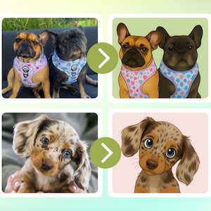 May include: Image featuring two sets of dog portraits. The top row shows a pair of French Bulldogs, one tan and one black, wearing harnesses. The bottom row shows a spotted Dachshund puppy and its illustrated portrait.