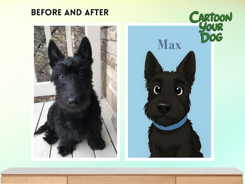 May include: The image shows a before-and-after comparison of a black Scottish Terrier dog. The left side features a photograph of the dog, while the right side displays a cartoon illustration of the dog with the name "Max" above it. The illustration has a blue background.