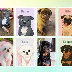 May include: Collection of eight images featuring dogs. Includes a real dog and cartoon versions of dogs named Bailey, Milo, Lucy, and Cooper. The images are on a gradient background of light green and pink.