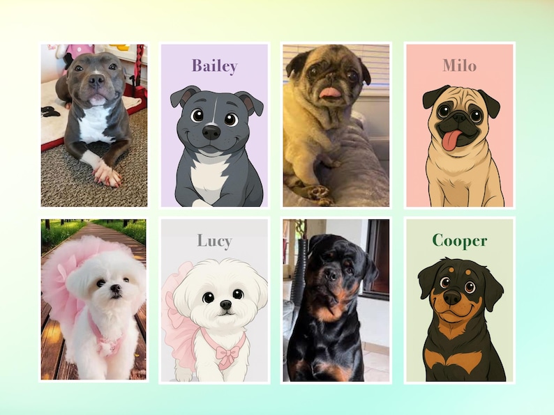 May include: Collection of eight images featuring dogs. Includes a real dog and cartoon versions of dogs named Bailey, Milo, Lucy, and Cooper. The images are on a gradient background of light green and pink.