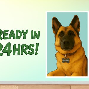May include: A portrait of a German Shepherd dog with a brown collar and a name tag that says "Jellybean". The dog has black and brown fur and is set against a light blue background. Text on the left says "READY IN 24 HRS!"