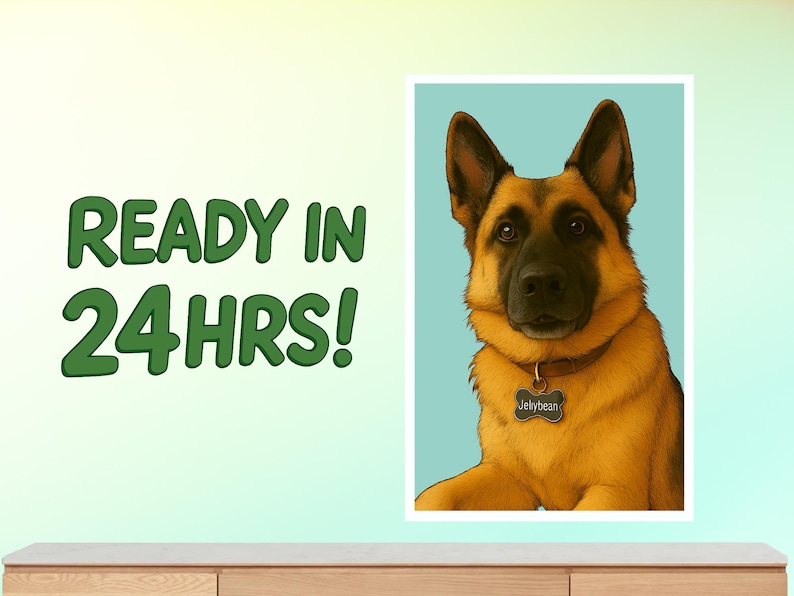 May include: A portrait of a German Shepherd dog with a brown collar and a name tag that says "Jellybean". The dog has black and brown fur and is set against a light blue background. Text on the left says "READY IN 24 HRS!"