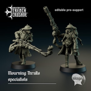 May include: Two detailed miniature figures of Mourning Thralls specialists, posed on black bases. The figures are wearing military-style coats and helmets, and are holding large, ornate weapons. The text "Compatible with French Crusade" is at the top left.