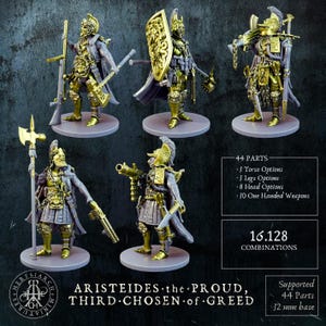 May include: Five miniature warrior figures with gold armor and purple capes, each on a circular base. They hold various weapons including axes, shields, and rifles. Text includes: 44 PARTS, 3 Torso Options, 3 Legs Options, 8 Head Options, 30 One Handed Weapons, 16.128 COMBINATIONS, ARISTEIDES THE PROUD, THIRD CHOSEN OF GREED, Supported 44 Parts, 32 mm base.