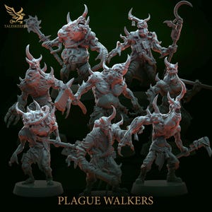 May include: A collection of gray Plague Walker miniatures, each with horns, grotesque features, and wielding various weapons. The figures are posed on individual bases. The text "PLAGUE WALKERS" is at the bottom of the image.