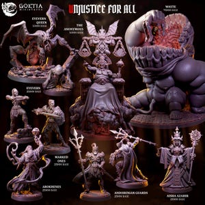 May include: A promotional image showcasing miniature figurines from Goetia Miniatures. The collection includes various fantasy characters such as a queen, guards, and other figures, all with detailed designs. The text "UNJUSTICE FOR ALL" is displayed at the top.