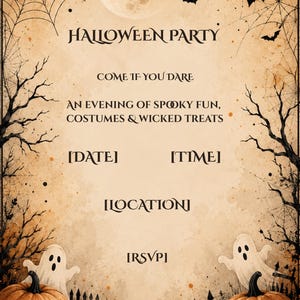 Pode incluir: Um convite retangular para festa de Halloween com fundo bege, teias de aranha pretas, morcegos e uma lua cheia. O texto diz: HALLOWEEN PARTY, COME IF YOU DARE, AN EVENING OF SPOOKY FUN, COSTUMES & WICKED TREATS, [DATE], [TIME], [LOCATION], [RSVP]. Duas abóboras e dois fantasmas estão na parte inferior.