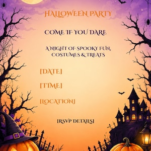 Pode incluir: Um cartão de convite para festa de Halloween com lua cheia, morcegos, árvores sem folhas, uma casa assombrada e abóboras. O texto diz: HALLOWEEN PARTY, COME IF YOU DARE, A NIGHT OF SPOOKY FUN, COSTUMES & TREATS, [DATE], [TIME], [LOCATION], [RSVP DETAILS].