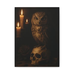 神秘的なフクロウのキャンバスアートプリント、ゴシック美学のための壁装飾、ハロウィーン、ホームデコレーション、フクロウ愛好家へのギフト、不気味な雰囲気に最適