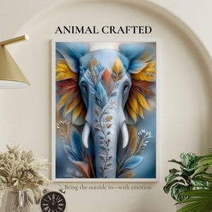 Dreamy Elephant Printable – Surreal Botanical Elephant Wall Art in Blue & Gold – Fantasy Animal Decor Download