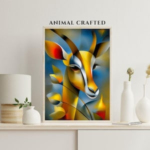 Antelope Geometric Abstract Wall Art – Bold Yellow and Blue Wildlife Print – Cubist Modern Animal Digital Poster