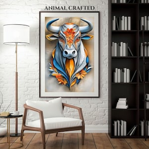 Bold Bull Wall Art – Floral Geometric Cattle Portrait – Printable Digital Download – Modern Animal Home Décor