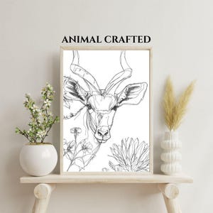 Antelope Printable – Elegant Antelope Line Art with Botanical Accents – Minimal Animal Wall Art Download