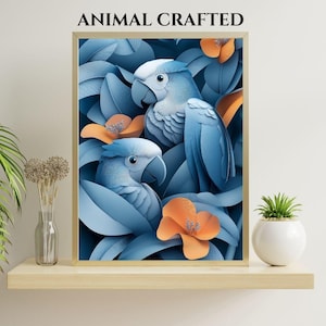 Parrot Wall Art – Layered Paper Cut Tropical Parrots Print – Blue and Orange Botanical Bird Artwork – Modern Digital Download Decor
